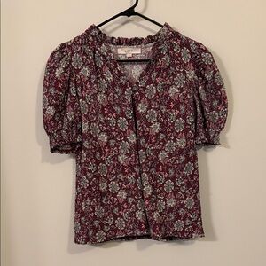 LOFT Women's Floral Puff Sleeve Blouse - Maroon and White